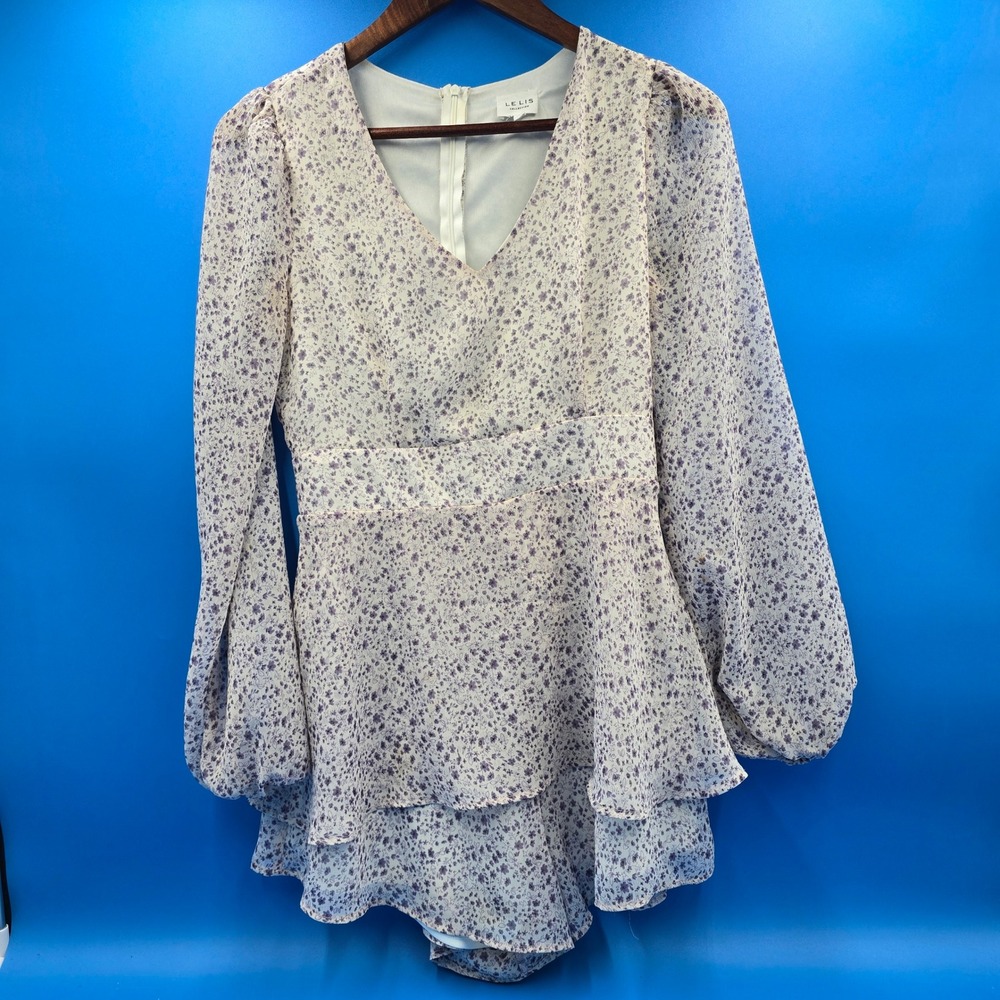 Le Lis Floral Long Sleeve Tiered Romper Skort Cream‎ Purple Small